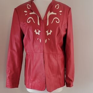 Pamela McCoy Red Leather Jacket with Elegant Scrollwork